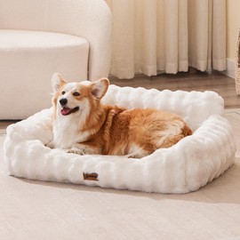 ZOMISIA Dog Couch Bed - Fluffy Dog Sofa, Large Orthopedic Pet Sofa Bed with Removable Washable Cover, Faux Fur Calming Cute Pet Couch with Supportive Egg Foam and Non-Slip Bottom, Ivory White