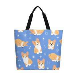 Muishi Cute Corgi Canvas Tote Bag, Large Women's Casual Shoulder Handbag, Reusable Beach Shopping Grocery Bag, For Outdoors