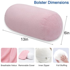 1 MIDDLE ONE Round Cylinder Bolster Pillow with Removable Velour Cover, Tube Roll Cervical Pillow for Head, Neck, Back and Legs Support, 13"x 6", Pink
