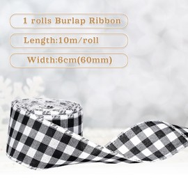G2PLUS 63mm Black and White Gingham Ribbon, Christmas Wired Ribbon, 10M Wired Edge Hessian Ribbon, Christmas Ribbon for Gift Wrapping, Plaid Ribbon for Bows and Christmas Wreaths Project