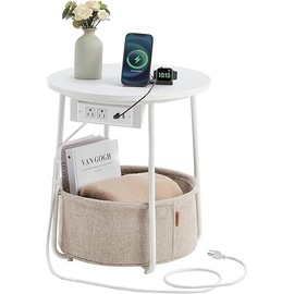 VASAGLE Side Table with Charging Station, Round End Table With Fabric Basket, Nightstand with Power Outlets USB Ports, for Living Room, Bedroom, Modern, Matte White and Camel Brown ULET228W01