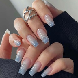 Gifiky Long Coffin Press on Nails French Galaxy Fake Nails Full Cover Nails Tips Gradient Blue False Nails for Women and Girls 24Pcs