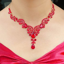 Wedity Bridal Wedding Crystal Necklace Earrings Set Floral Choker Necklaces Teardrop Jewellery for Women and Girls (Red)