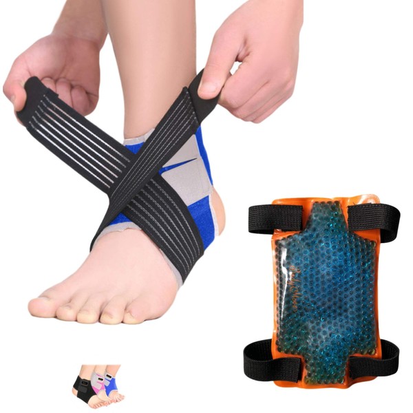 BodyMoves Kid's Ankle Brace Support Plus Hot and Cold Ice Pack (Active Blue, MED for Big Kids (US 3.5-7))