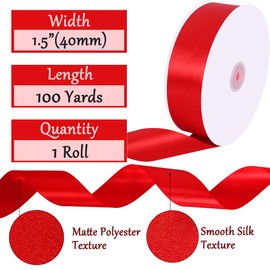 Hapidooda 1-1/2 Inches Wide x 100 Yards Red Solid Satin Ribbons for Gift Wrapping Christmas Decor, Craft Fabric Ribbon for Birthday Wedding Party Decoration Valentine's Day Floral Bouquets