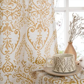 LAMIT Short Linen Curtains 45 inch Length for Small Windows, Light Filtering Semi Sheer Linen Curtains Grommet Vintage Damask Flower Pattern Drapes for Half Windows, 2 Panels, 34 x 45 Inch, Gold