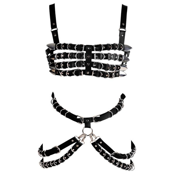 BBOHSS Women's Leather Body Harness Bra Garter Belt Set Punk Gothic Dance Carnival Costume Accessories, black