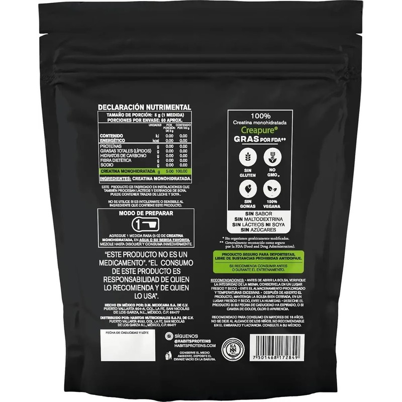 Habits, Creatina Monohidratada 300 Gr. Sin Sabor, Sfn.