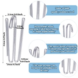 Blulu 120 Pcs Pleat Hooks Stainless Steel Curtain Pleat Hooks Drapery Hook and Pin 4 Prongs Pinch Pleat Hook Clips for Window Curtain, Shower Curtain