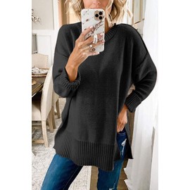 MEROKEETY Women's 2023 Fall Casual Crew Neck Side Split Pullover Sweater Loose Long Sleeve Jumper Top, Black, M