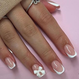 Mezrkuwr 24 Stück French Nägel zum Aufdrücken, niedliche Schleife, Acrylnägel, zum Aufkleben, kurze, quadratische künstliche Nägel, für Frauen und Mädchen