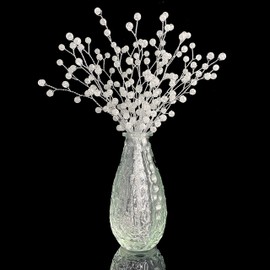 SWEXURY 16 Stems Acrylic Crystal Flower Branches Handmade Artifial Bead Flowers Picks Fake Silver Berry Bouquet DIY Crafts Floral Arrangement for Wedding Home Office Table Top Decor (16PCS, A)
