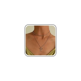TseenYi Bow Choker Necklace Gold Layered Necklace Multilayer Paper Clip Chain Necklace Bowknot Pendant Necklace Layering Bow Tie Necklace Jewellery for Women and Girls, Silver