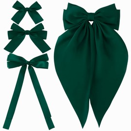 Atoden Hair Bow Clips for Women Girls, 4 Pcs Green Silky Satin Oversized Long Tail Bow Hair Clips, Alligator Metal Clips, Big Bowknot, Cute Hair Accessories, Christmas Gifts