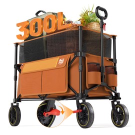 TIMBER RIDGE 300L Extra Large Collapsible Folding Wagon Carts with Brake, Heavy Duty Outdoor Camping Utility Wagons with Extended Height, Adjustable Handle, Cup Holders, Side Bag(Orange)