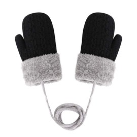 Toddler Kids Classic Knitting Short Gloves Cold Weather Warm Thicken Fleece Full Finger Gloves Hands Warmer Mittens With String for Toddler Kids, 1-3 Yrs, Black