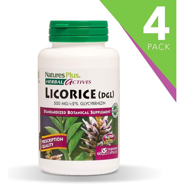 NaturesPlus Herbal Actives Licorice (DGL) Capsules (4 Pack) - 500 mg, 60 Vegan Capsules - Maximum Potency, Anti-Inflammatory, Stomach Reliever - Vegetarian, Gluten-Free - 60 Servings