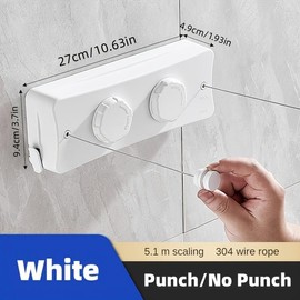 1Pc Adjustable Double Line Telescope Clothesline, 304 Stainless Steel, Indoor Indoor Reel Drying Rope, Saving Apartment Balcony Space, Towel Blanket Clip, Anti-Rust ABS Shell - Color: White