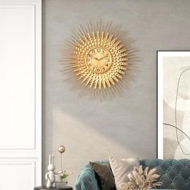 DAYDAYART Large Mid Century Gold Wall Clock Decorative Modern Sunburst Wall Clocks, Metal Big Silent Non-Ticking Clock, Luxury Home Gift Decor for Living Room, Bedroom, Dining Room, 24 inch