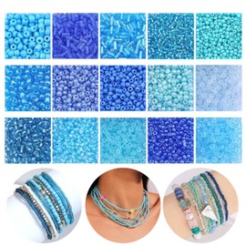 GorgGorho GorgGorho 15 Color 4mm Small Assorted Glass Seed Beads,3mm Bugle Beads Friendship Bracelet Kit,2mm Tiny Tube Beads for Jewelry Making(Blue Bead)
