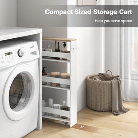 Byroce Slim Storage Rolling Cart, 4-Tier Side Out Shelving Unit with Handle, Mobile Organizer Utility Cart on Wheels for Laundry, Bathroom, Office, Kitchen, Narrow Places (White & Natural)