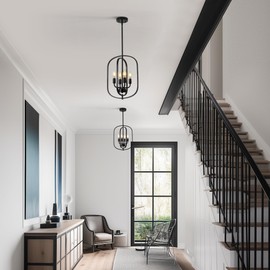 ACNKTZ Black Farmhouse Chandelier for Entryway, 4-Light Geometric Pendant Lights Kitchen Island, Industrial Foyer Lighting Fixtures, Metal Hanging Light Fixture for Dining Room Staircase Hallway