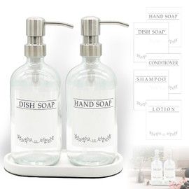 Glass Soap Dispenser for Kitchen with Stainless Steel Pump and Tray, 16oz Shampoo Bottles Refillable with Pump with Waterproof Labels for Hand Soap, Dish Soap (Clear Glass Bottles + Silver Pumps)