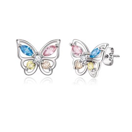 EVER FAITH 925 Sterling Silver Butterfly Earrings for Girls, Multicolored CZ Hypoallergenic Butterfly Stud Earrings Butterfly Gifts for Daughter Granddaughter