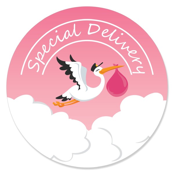 Big Dot of Happiness Girl Special Delivery - Pink It's A Girl Stork Baby Shower Circle Sticker Labels - 24 Count