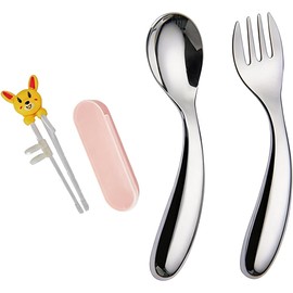 Juego de cubiertos de aprendizaje para manos pequeñas, cuchara y tenedor de acero inoxidable con asas dobladas para comidas caseras y de viaje con redondeada