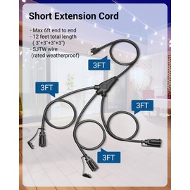 DEWENWILS Outdoor Extension Cord 1 to 3 Splitter, Total 12FT, 13A 125V 1625W 16/3C SJTW Extension Cord Outdoor, Heavy Duty Extension Cord for Holiday Decorations, Outdoor Light, ETL