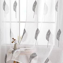 MIULEE Curtains with Ruffle Tape, Living Room Curtain Grey and White Leaves Pattern, Beautiful Embroidery Curtain, Set of 2, Modern Bedroom Window, H 215 x W 140 cm