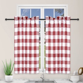 Simple Deluxe Buffalo Check Kitchen Tier Curtains, Plaid Gingham Small Curtain for Half Cafe Windows, 26" W x 36" L, White and Red