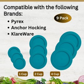 Klare Ware 1, 2 & 4 Cup Replacement Lids/Covers for Pyrex, Anchor Hocking & KlareWare Storage Bowls *Lids Only - Glass Container Not Included* (9 Pack *Three of Each Size*, Turquoise)