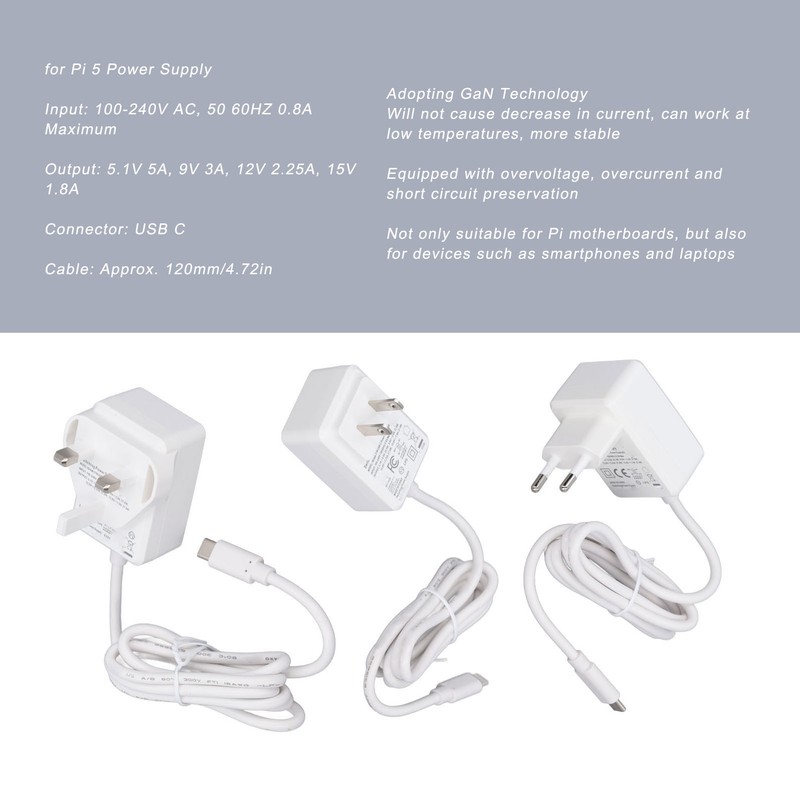 for Pi 5 Power Supply 5.1V 5A 27W PD USB