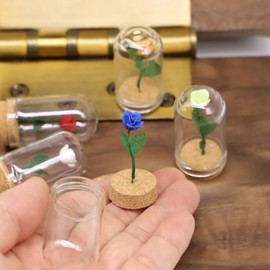 1/6 Dollhouse Miniature Rose with Glass Dome, Faux Flowers, Mini Rose Flowers, Miniature Valentine's Gift, for Dollhouse Miniatures Fairy Garden, Diorama (1PCS) (Blue Rose)