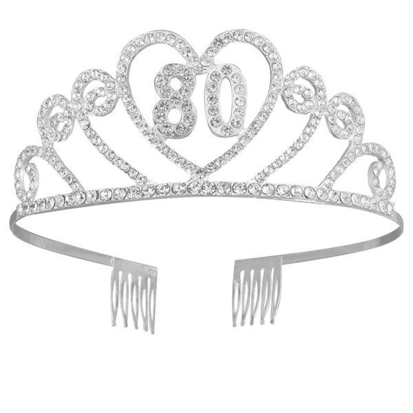 Minkissy 80th Birthday Rhinestone Crown with Comb Crystal Rhinestone Birthday Tiara Alloy Number Headwear Crown with Comb for Birthday Party (Silver)