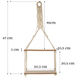 GEEZY 2 Tier Hanging Floating Macrame Rope Shelf Wooden Storage Kitchen Wall Boho Decor Gift (HANGING SHELF 30x10x72 cm)