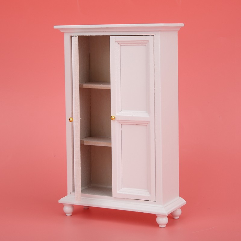 Miniature Doll House Wardrobe White Wooden Double Door Household Closet
