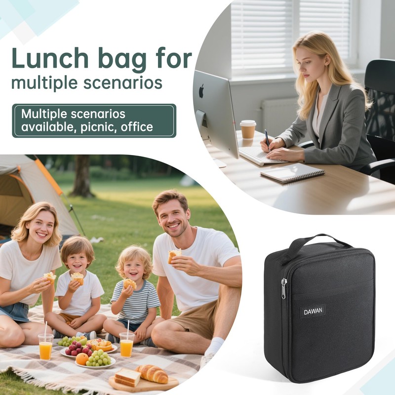 DAWAN freezable Insulated lunch bag,Built in detachable ice pack, Black,