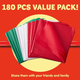 JOYIN 180 Sheets 20" x 20" Christmas Tissue Paper Assortment (Red, Green & White); 60 Sheets per Color Easy and Fast Gift Wrapping Accessory for Christmas Gifts and Wine Bottles