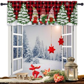 Abaysto Christmas Valance for Windows Christmas Gnome Window Toppers Valances Rod Pocket 1 Panel Xmas Tree Red Buffalo Plaid Window Treatments for Bedroom Kitchen Bathroom 45x137cm