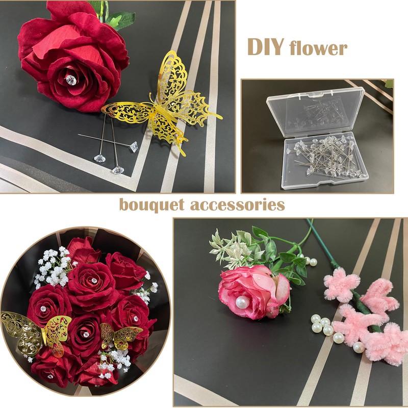 195 PCS Flower Bouquet Paper Accessories，20 Sheets Black Flower Wrapping