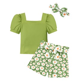 BAVADER Toddler Girl Clothes 5t Girls Clothes Size 6 Square Neck Short Sleeve Green Tops Cute Daisy Shorts Set Toddler Girl Summer Outfits