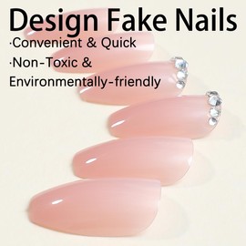 Pink Nude Press on Nails Medium Square Fake Nails Glossy Glue on Nails with Rhinestones Designs Natural Nude Acrylic False Nails Reusable Full Cover Artificial Nails for Women Manicure Kit 24Pcs