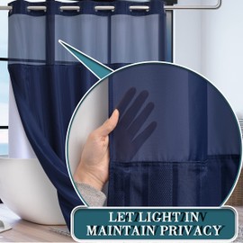 Conbo Mio Hotel Style Shower Curtain for Bathroom with Snap in Liner & See Through Top Window Waterproof Repellent Washable Shower Curtain（Dark Blue-Awning Stripe，71"(W) x 74"(H)）