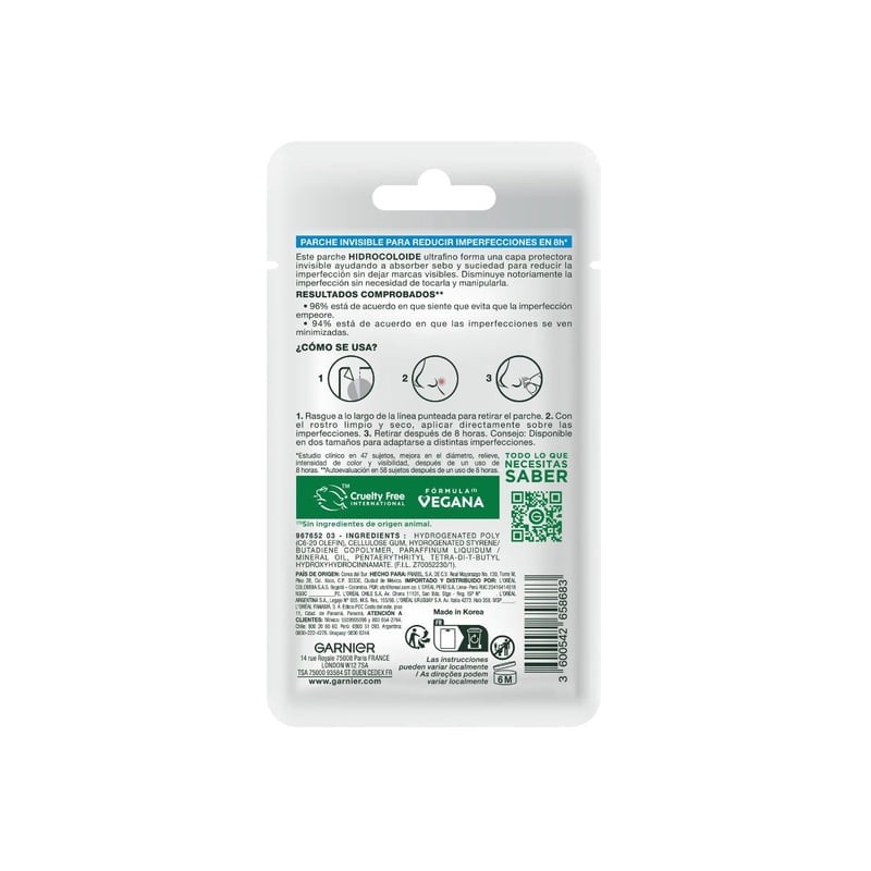 Parche Hidrocoloide Invisible Garnier Para Reducir Imperfecciones 8 piezas