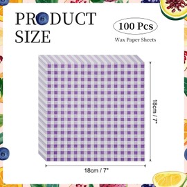 sourcing map 100 Pcs Wax Paper Sheets for Food, 7 x 7 Inch Greaseproof Wrapping Paper Sheets, Checkered Square Food Basket Liners for Sandwich Hamburger Bread, Purple