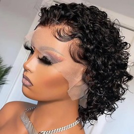 Short Curly Human Hair Wigs for Black Women Pixie Cut Wig Human Hair 13X1 HD Lace Front Bob Wigs Pre Plucked with Baby Hair Curly Wig Human Hair Transparent Pixie Wig 150% Density (#1B Nature Black)