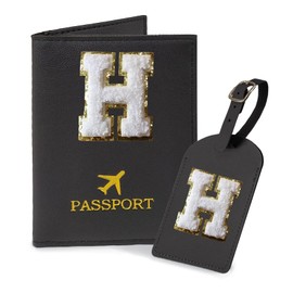 COSHAYSOO Black Initial Passport Cover Holder and Luggage Tag Set TSA Approved with Letter Name Patch for Women Teenage, Travel Passport Book Vaccine Card Combo Bag Suitcase Identifier (H)